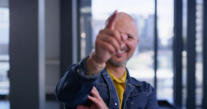 Man, face and pointing to you in office to select option for winner, decision and audition. Happy, arms crossed and producer in portrait for recruitment, hiring or invitation to join us in challenge