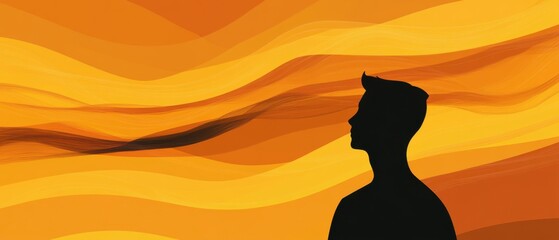 Silhouette of a young adult man contemplating the future against a vibrant orange abstract background, concept of hope, inspiration, and aspiration