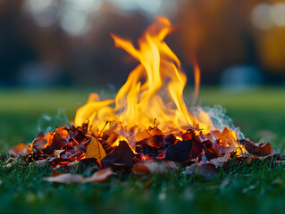 Autumn leaves burning in grass flames dancing