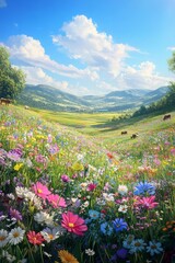 Fototapeta premium Sunlit Wildflower Meadow in a Verdant Valley