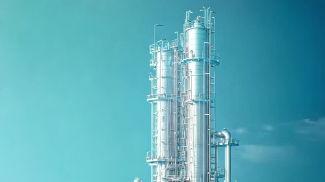 Industrial distillation column under blue sky