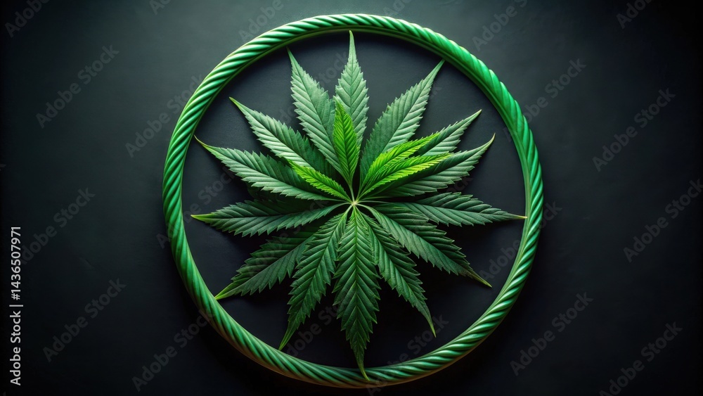 Poster a vibrant cannabis leaf arranged symmetrically within a circular green frame, a study in natural for