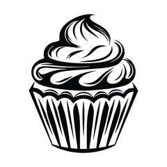 Isolated stylized cupcake with swirls of frosting in black and white design elements