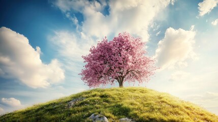 Pink cherry blossom tree atop a grassy hill under a vibrant sky.