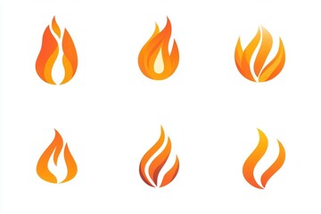 Six fire flame icons, graphic design elements, white background, website use