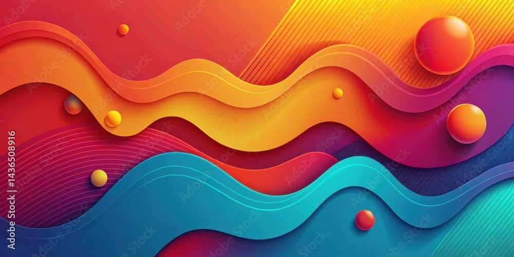 Aufkleber Vibrant Abstract Waves with Colorful Spheres A Dynamic Composition of Layered Curves and Spheres in a Spectrum of Hues
