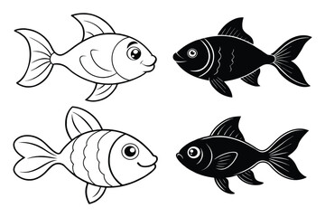Cute Cartoon Goldfish Silhouettes and Line Art for Coloring and Design set