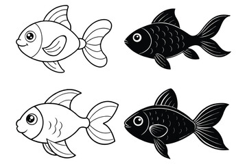 Cute Cartoon Goldfish Silhouettes and Line Art for Coloring and Design set