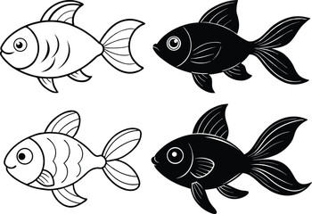 Cute Cartoon Goldfish Silhouettes and Line Art for Coloring and Design set