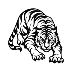 Aggressive Bengal Tiger Silhouette, Striking Predator, Black and White, Powerful Stance