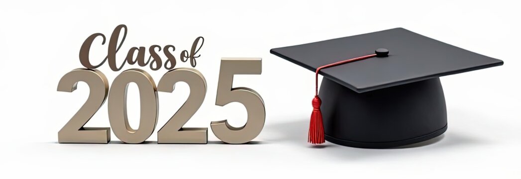 graduation cap on white background, class of 2025 banner