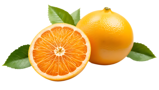 Photorealistic oranges, vibrant citrus fruit, cross-section, juicy pulp, bright orange color, textured peel, green leaves