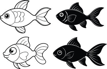 Cute Cartoon Goldfish Silhouettes and Line Art for Coloring and Design set