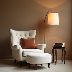 Reading chair, accent pillows, in modern minimalist in emerald white, white, grey, colors on luxury cream chair, decorative books on a white French provincial,