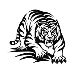 Striking Tiger Silhouette Roaring Wildcat with Bold Black Stripes on White Backdrop