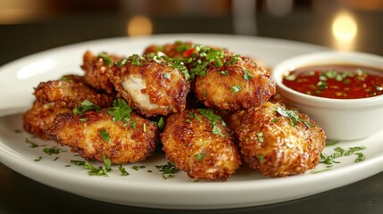 Fototapeta premium Crispy chicken nuggets with spicy dipping sauce