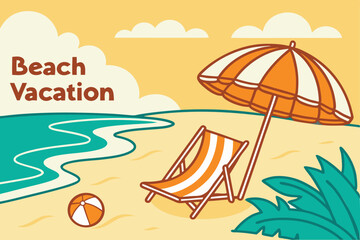 Tropical Beach Vacation vector Illustration with Chair, Umbrella, and Sea View
