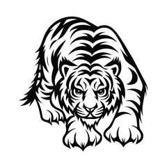 Striking Black and White Tiger Illustration, Bold Stripes, Wild Feline Predator Design