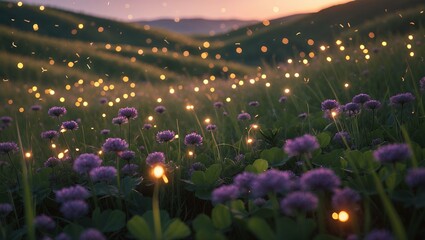 Purple Flowers and Lights on Green Field at Sunset