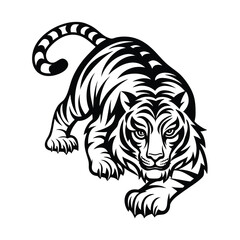 Black & White Tiger Illustration, Fierce Feline Pouncing, Striped Fur, Isolated Design