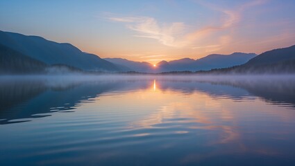 Obraz premium Lake Sunrise with Mist and Mountain Reflections
