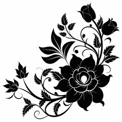 Ornamental Black Floral Vector with Swirling Vines and Decorative Bloom Silhouette