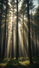 Obraz premium Sunbeams Through Misty Forest Canopy in Early Morning.