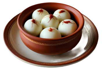 Traditional Indian Rasgulla Sweet with Saffron in Clay Pot - Delicious Dessert