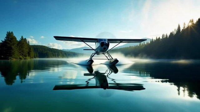 A small plane is flying over a lake