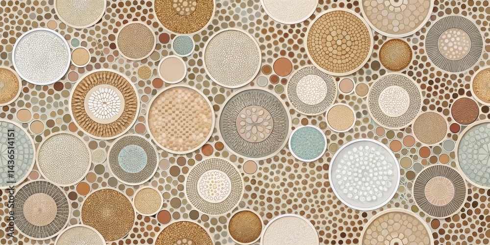 Poster Abstract Circular Mosaic Pattern with Diverse Textural Elements and Subtle Color Variations