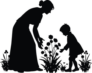 mother and child picking wildflowers silhouette