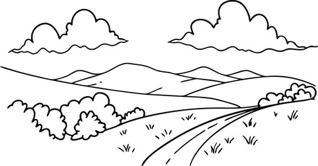 Simple Black And White Landscape Illustration With Hills Road And Clouds