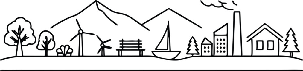 Minimalist Landscape Line Art With Trees Mountains Windmills And City Elements