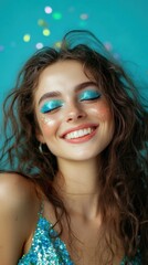 Obraz premium Smiling woman with glitter makeup in front of bokeh background