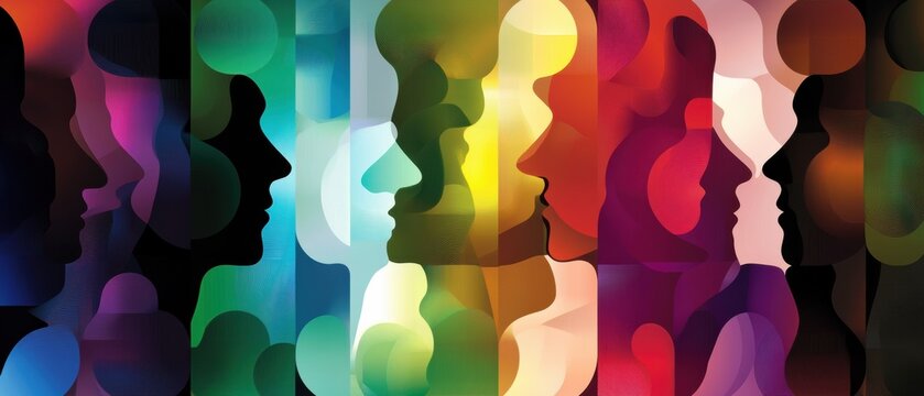 Diverse abstract faces in vibrant colors, representing unity, inclusion, and cultural diversity in a modern and artistic design