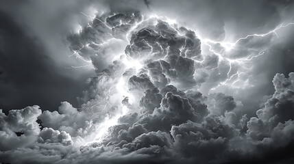 Dramatic monochrome image of lightning strikes amidst towering storm clouds showcasing the raw power and beauty of nature