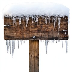 Wooden sign with snow and ice, isolated on a white background.