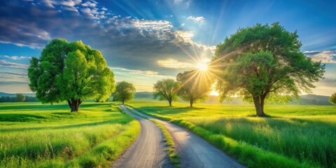 Fototapeta premium Serene Country Road at Sunset with Lush Greenery and Sun Rays Illuminating Majestic Trees