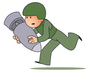 Soldier runs with bomb in hands.