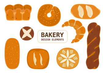 Bakery and fresh pastries set. Collection of homemade breads, fresh french bread slices, baguettes, assortment. Bakery and shop. Flat design vector illustration elements. Isolated. White background.