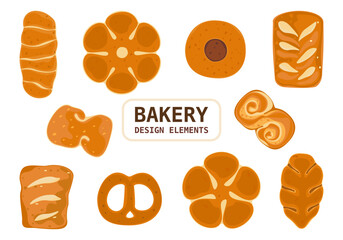 Bakery and fresh pastries set. Collection of homemade breads, fresh french bread slices, baguettes, assortment. Bakery and shop. Flat design vector illustration elements. Isolated. White background.