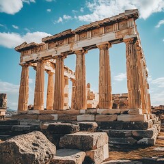 Obraz premium Ancient Greek architecture with majestic columns and vibrant blue sky high resolution picture