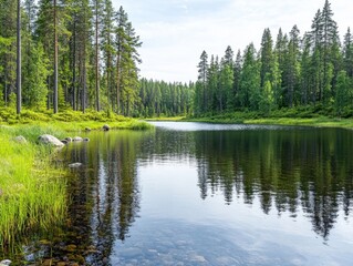 Fototapeta premium Calm lake reflecting lush green pine forest, tranquil nature scene