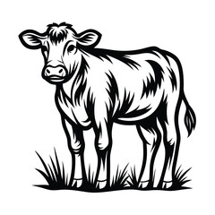 Fototapeta premium Black and White Silhouette of a Calf Standing on Grass with Detailed Art