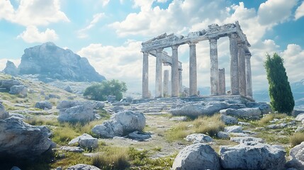 Artistic Greek architectural stonework featuring carved female faces in high relief high resolution picture
