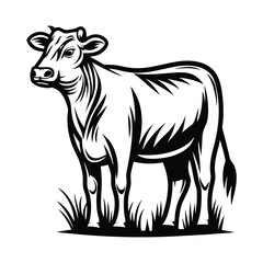 Black and White Cow Standing in Field, Illustration, Farm Animal, Outline