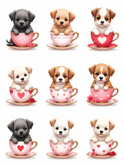 A collection of adorable puppies nestled in pink teacups, creating a delightful, heartwarming scene.