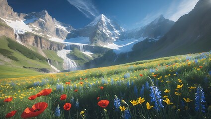 Mountain landscape with meadow of wildflowers