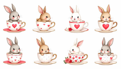 Fototapeta premium Charming bunnies in teacups with hearts, perfect for Easter or Valentine's Day designs.