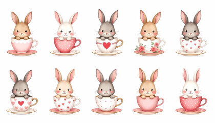 Fototapeta premium A collection of cute watercolor bunnies in teacups with heart and floral decorations.